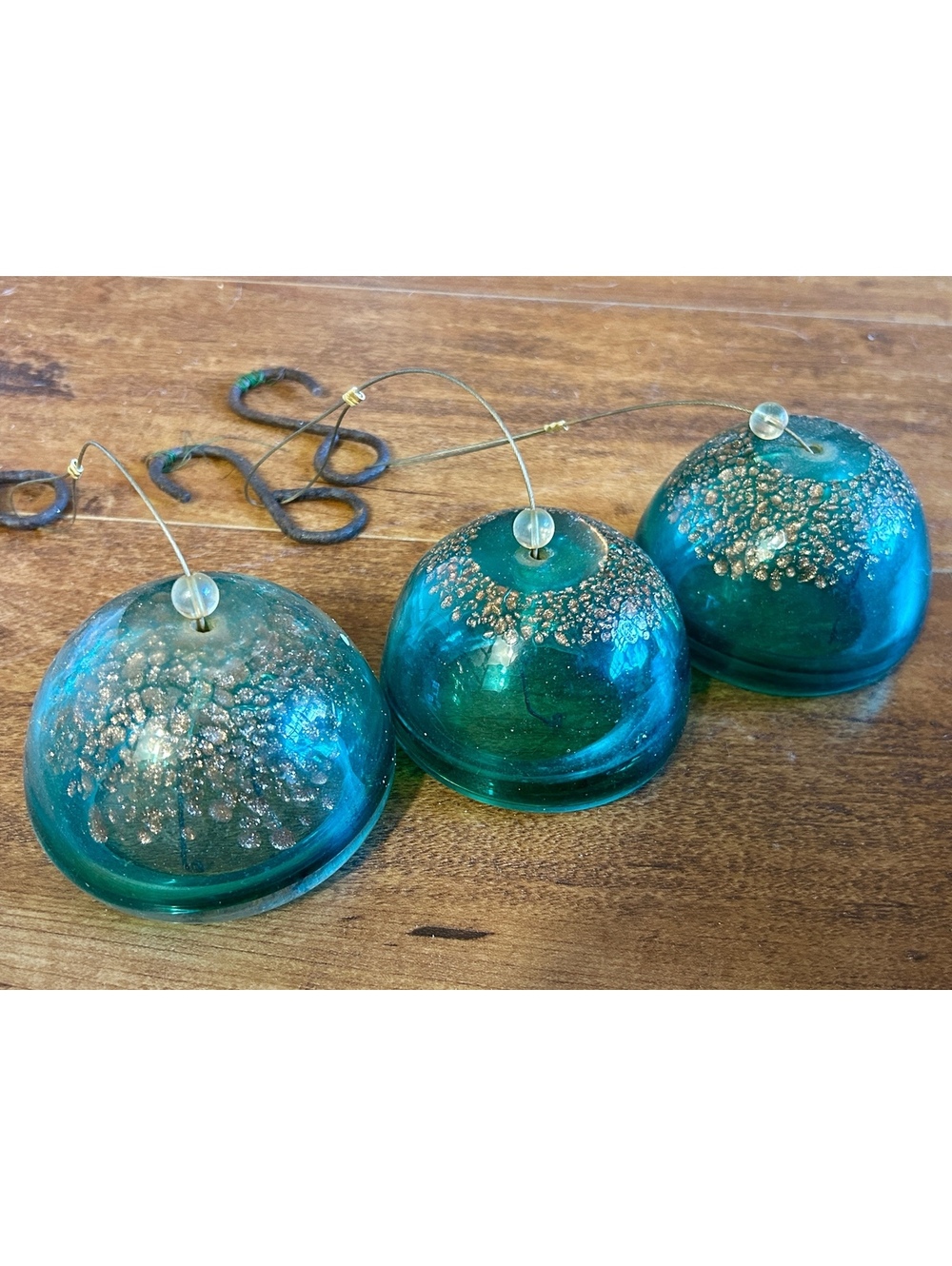Vintage Green Blown Glass Jelily with Gold Detailing Set of 3 Air Plant Holder